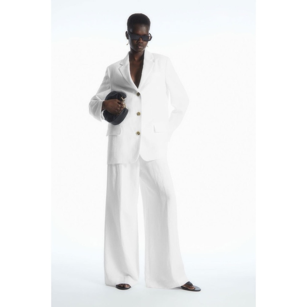 COS Linen-Blend‎ High Rise Wide Leg Trouser Pants in White
